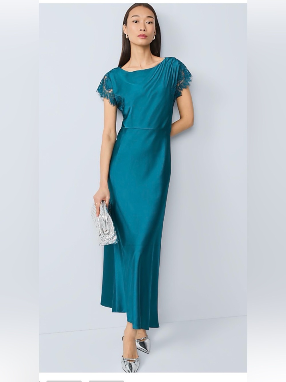 Ann Taylor Teal Lace-Sleeve Sheath Dress